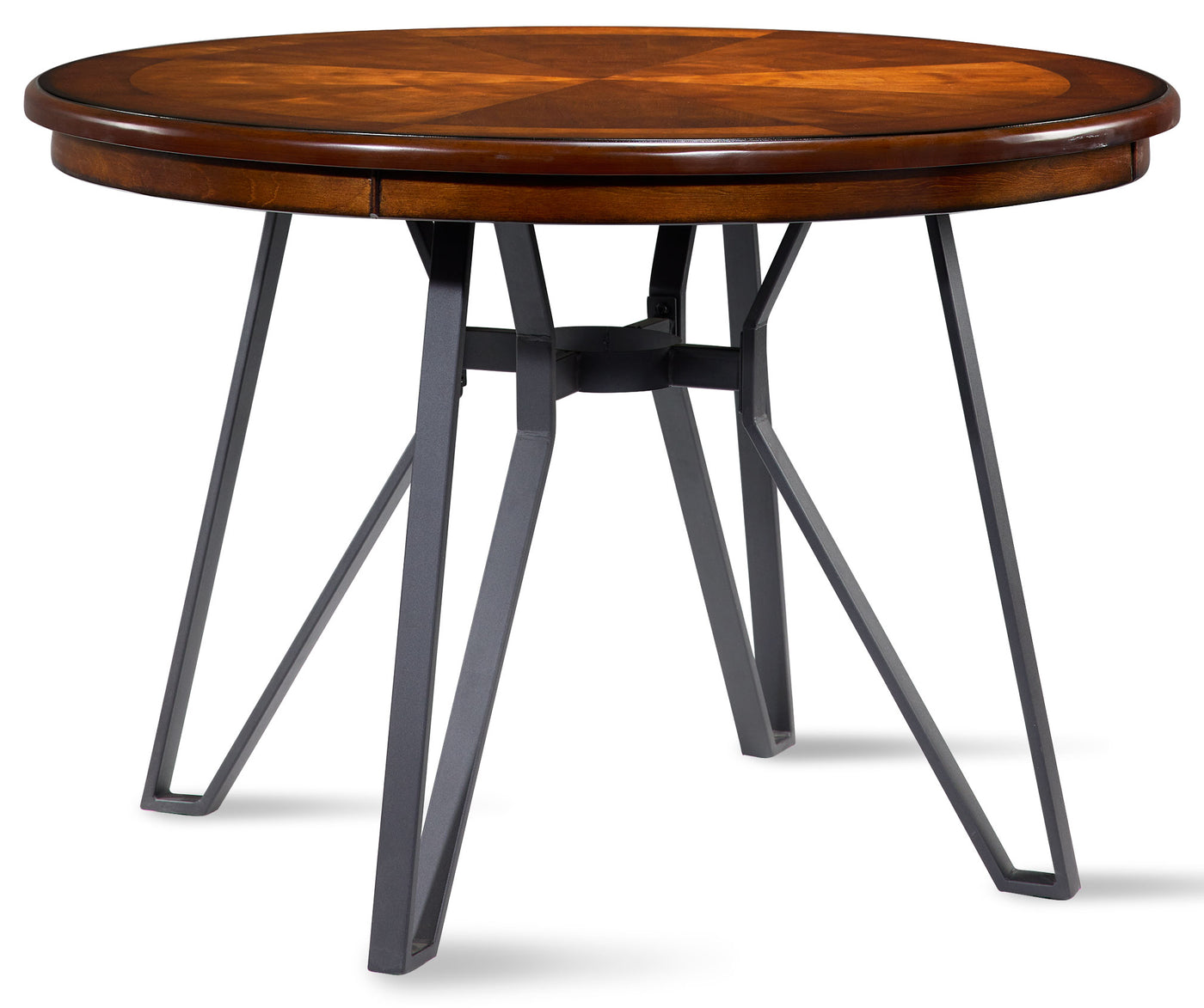 Темно коричневый круглый обеденный стол на железных ножках
