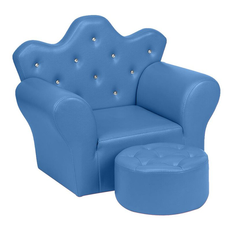 Голубое детское кресло в виде короны с пуфиком